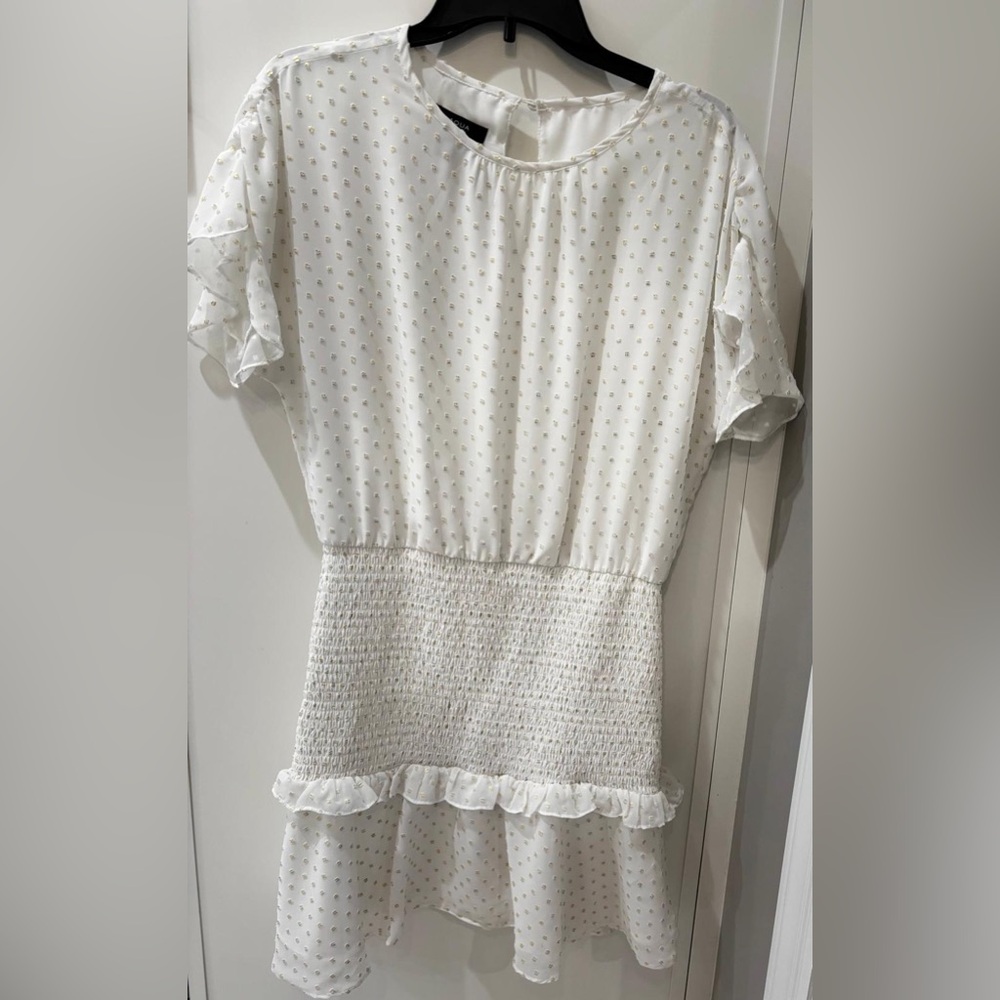 Aqua White & Gold Smocked Ruffle Dress